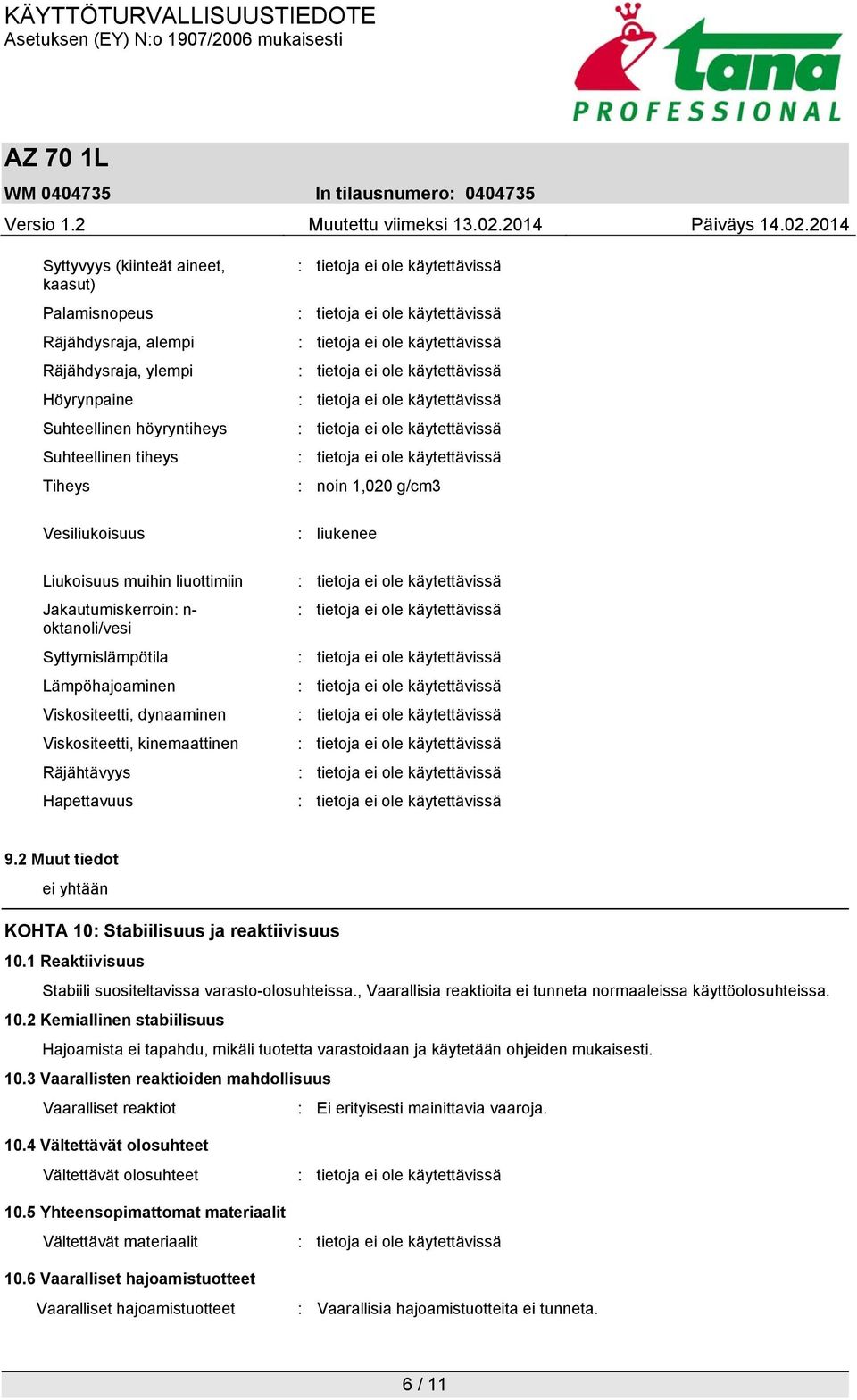 2 Muut tiedot ei yhtään KOHTA 10: Stabiilisuus ja reaktiivisuus 10.1 Reaktiivisuus Stabiili suositeltavissa varasto-olosuhteissa., Vaarallisia reaktioita ei tunneta normaaleissa käyttöolosuhteissa.