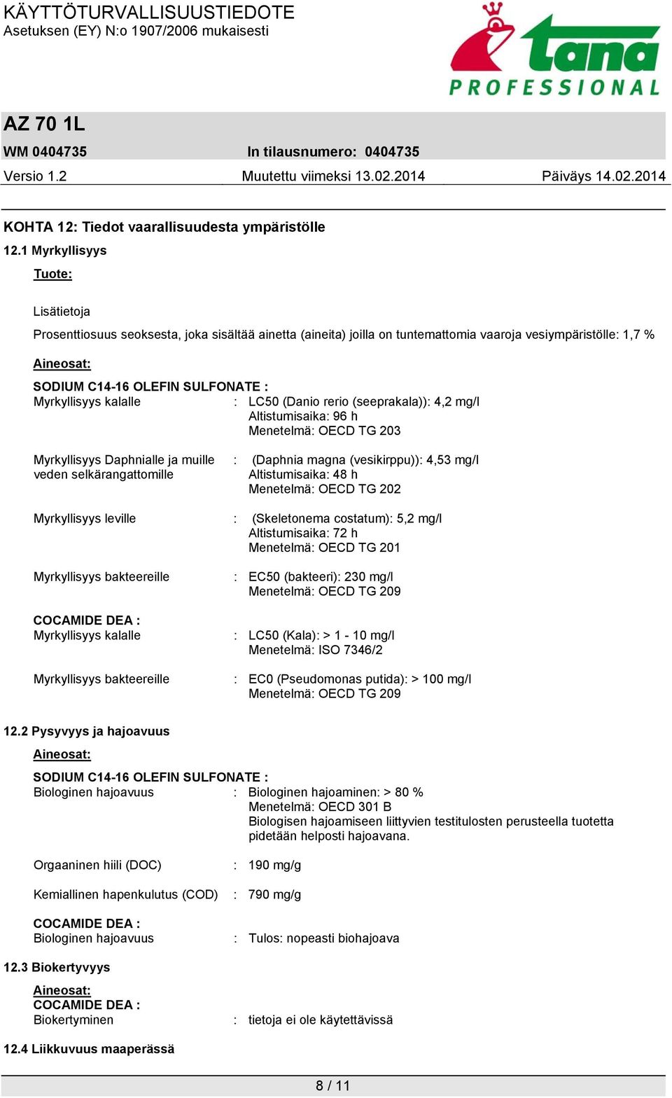 Myrkyllisyys kalalle : LC50 (Danio rerio (seeprakala)): 4,2 mg/l Altistumisaika: 96 h Menetelmä: OECD TG 203 Myrkyllisyys Daphnialle ja muille veden selkärangattomille : (Daphnia magna (vesikirppu)):