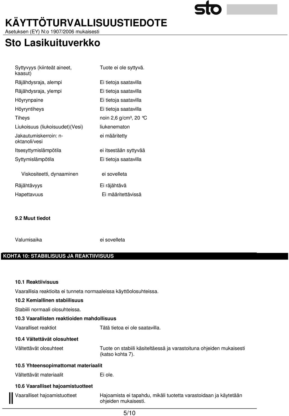 dynaaminen Räjähtävyys Hapettavuus ei sovelleta Ei räjähtävä Ei määritettävissä 9.2 Muut tiedot Valumisaika ei sovelleta KOHTA 10: STABIILISUUS JA REAKTIIVISUUS 10.