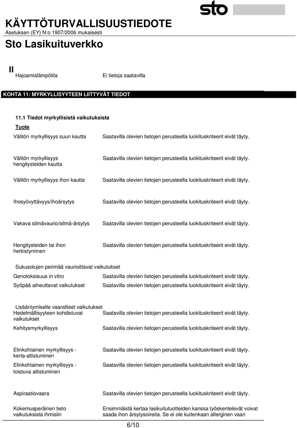 silmävaurio/silmä-ärsytys Hengitysteiden tai ihon herkistyminen Sukusolujen perimää vaurioittavat vaikutukset Genotoksisuus in vitro Syöpää aiheuttavat vaikutukset Lisääntymiselle vaaralliset