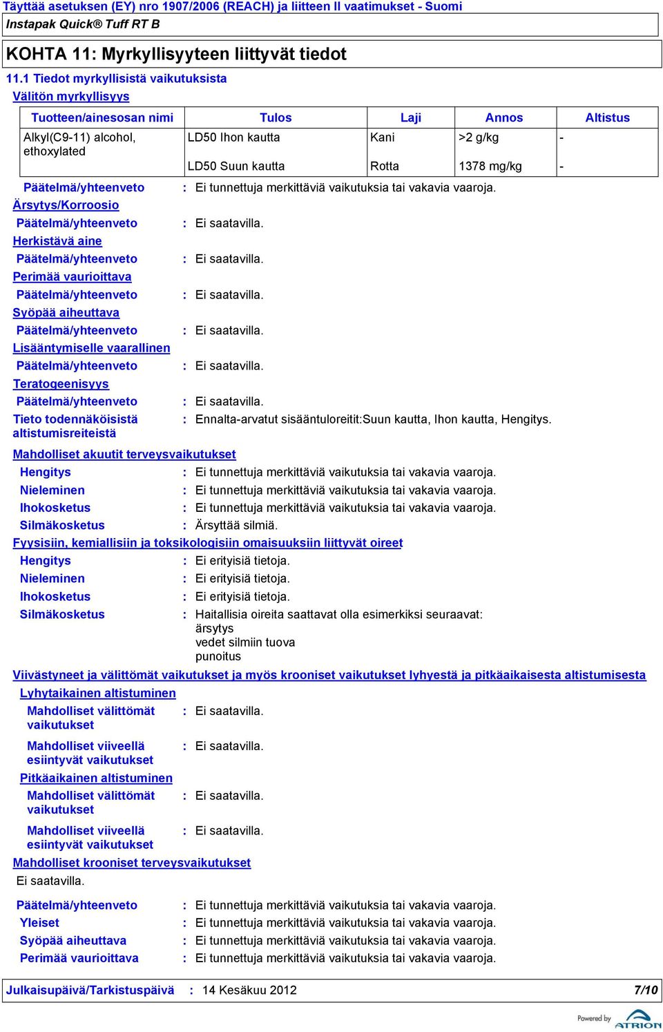 Syöpää aiheuttava Lisääntymiselle vaarallinen Teratogeenisyys Tieto todennäköisistä altistumisreiteistä LD50 Ihon kautta Kani >2 g/kg LD50 Suun kautta Rotta 1378 mg/kg Ei tunnettuja merkittäviä