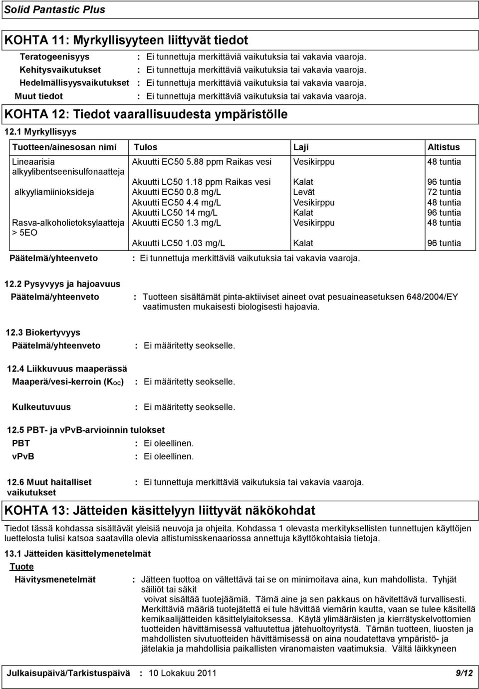 18 ppm Raikas vesi Kalat 96 tuntia alkyyliamiinioksideja Akuutti EC50 0.8 mg/l Levät 72 tuntia Akuutti EC50 4.