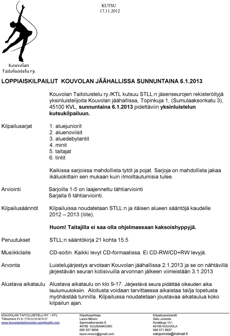 Kilpailusarjat 1. aluejuniorit 2. aluenoviisit 3. aluedebytantit 4. minit 5. taitajat 6. tintit Kaikissa sarjoissa mahdollista tytöt ja pojat.