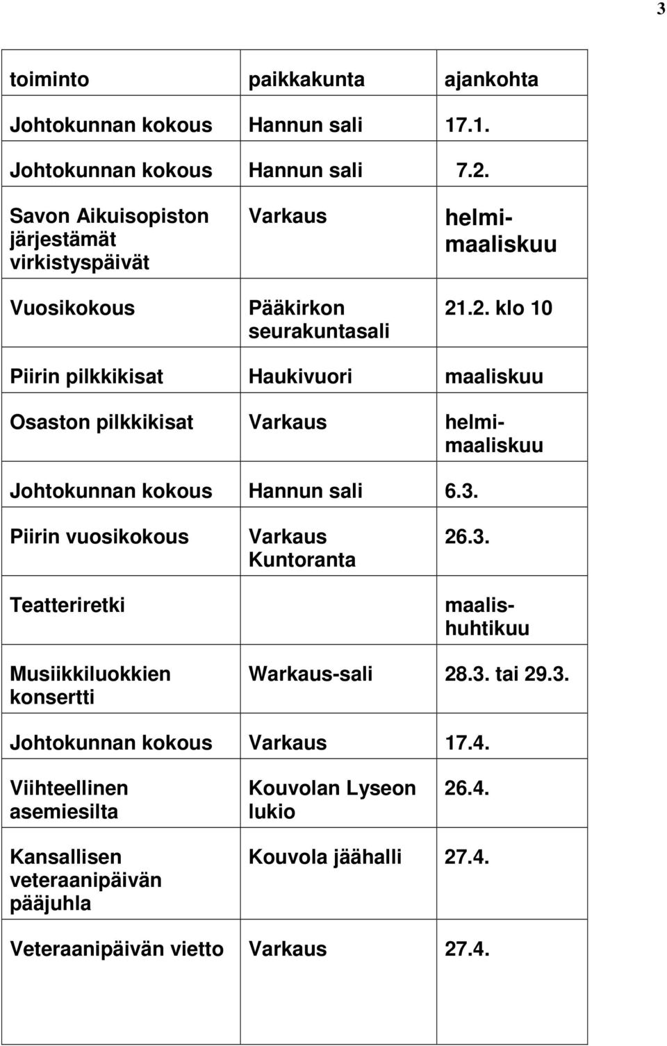 .2. klo 10 Piirin pilkkikisat Haukivuori maaliskuu Johtokunnan kokous Hannun sali 6.3.