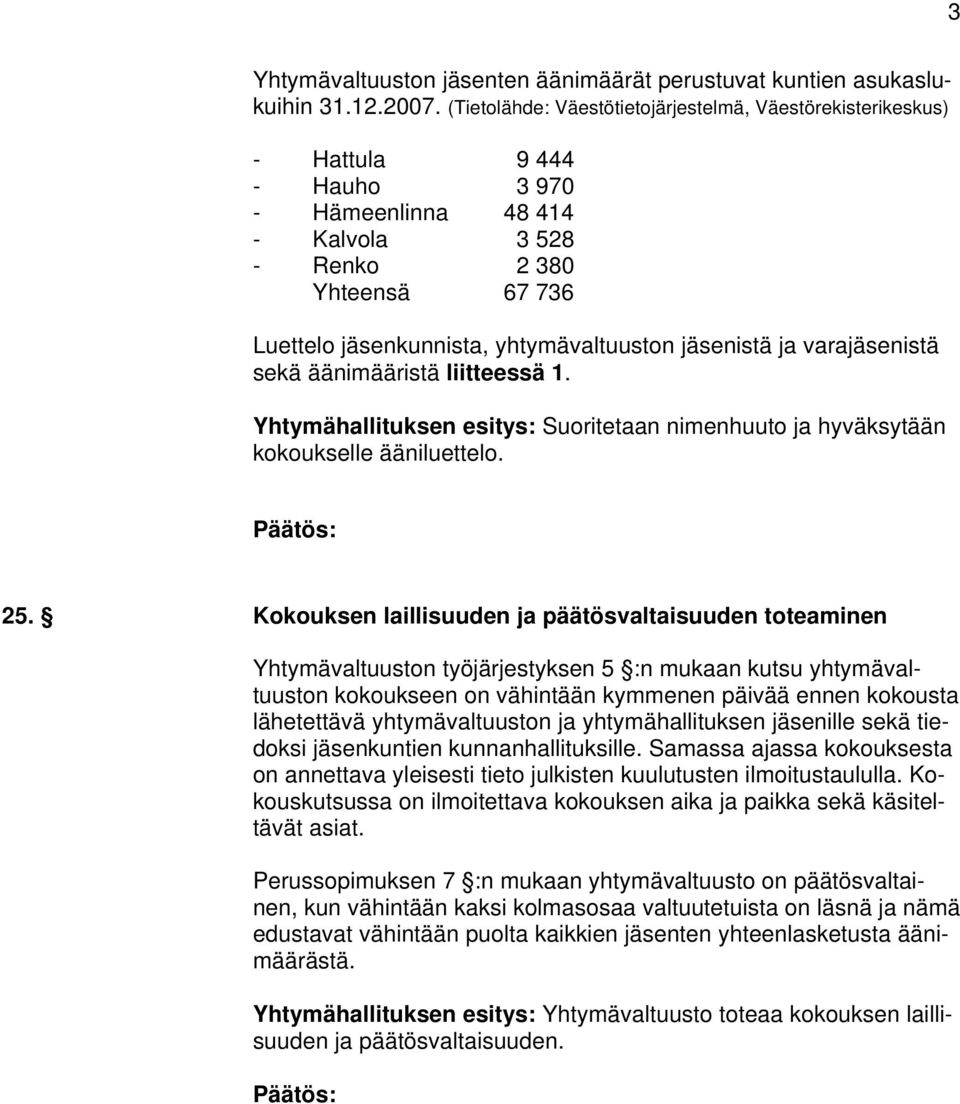 jäsenistä ja varajäsenistä sekä äänimääristä liitteessä 1. Yhtymähallituksen esitys: Suoritetaan nimenhuuto ja hyväksytään kokoukselle ääniluettelo. 25.