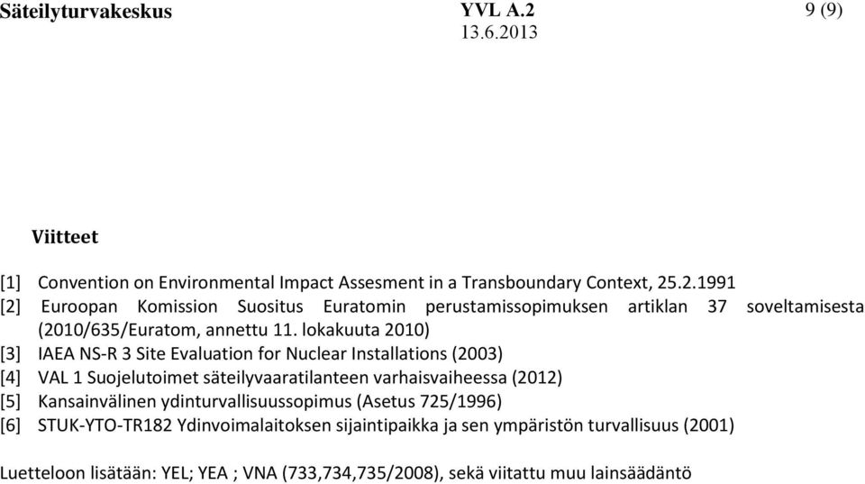 lokakuuta 2010) [3] IAEA NS-R 3 Site Evaluation for Nuclear Installations (2003) [4] VAL 1 Suojelutoimet säteilyvaaratilanteen varhaisvaiheessa (2012)