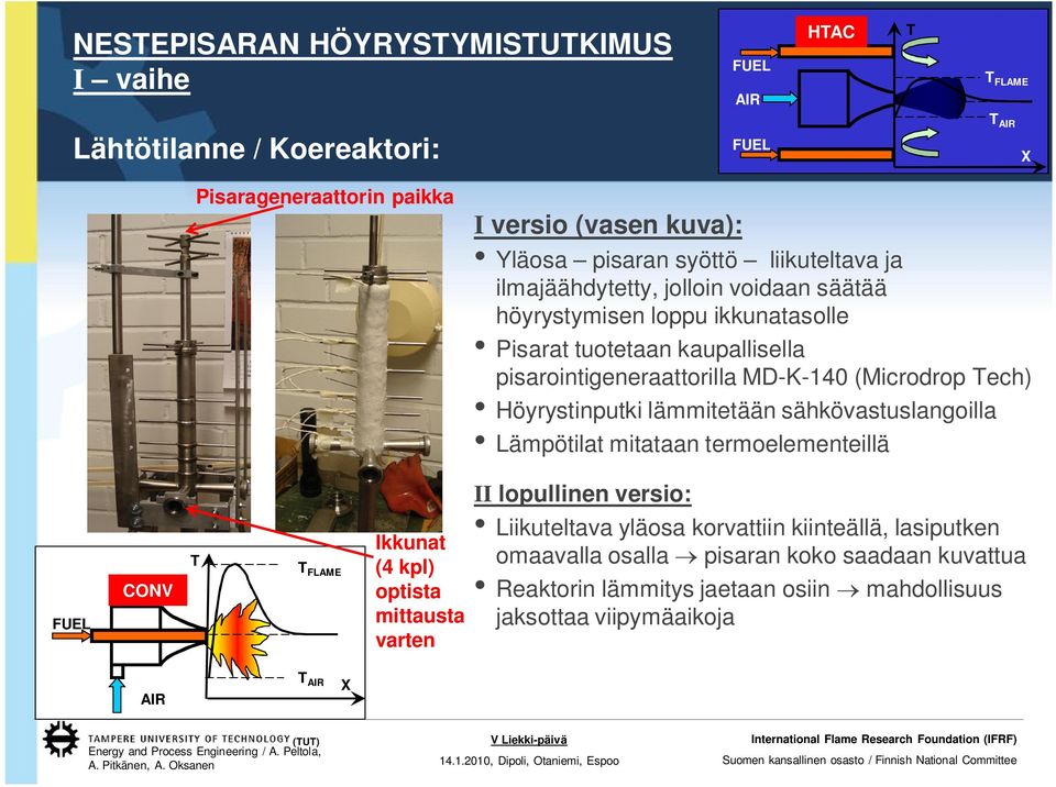 Höyrystinputki lämmitetään sähkövastuslangoilla Lämpötilat mitataan termoelementeillä FLAME Ikkunat (4 kpl) optista mittausta varten II lopullinen versio: