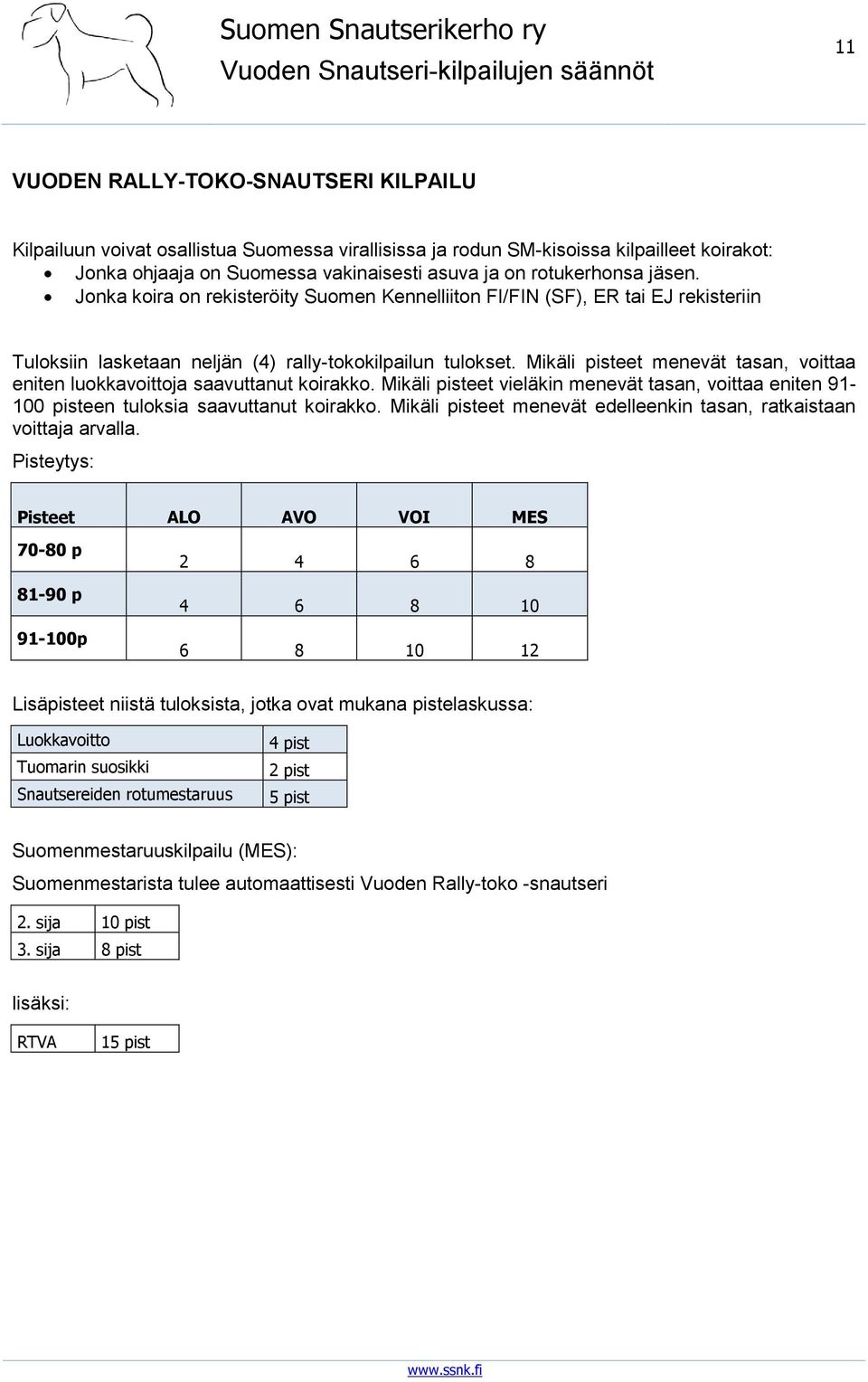 Mikäli pisteet menevät tasan, voittaa eniten luokkavoittoja saavuttanut koirakko. Mikäli pisteet vieläkin menevät tasan, voittaa eniten 91-100 pisteen tuloksia saavuttanut koirakko.