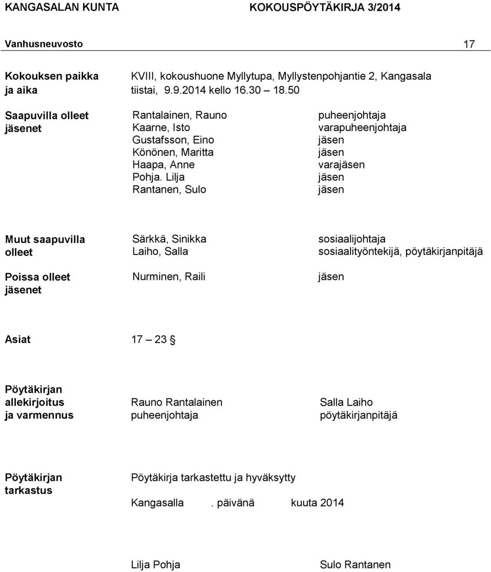 Lilja Rantanen, Sulo puheenjohtaja varapuheenjohtaja vara Muut saapuvilla olleet Poissa olleet et Särkkä, Sinikka Laiho, Salla Nurminen, Raili sosiaalijohtaja