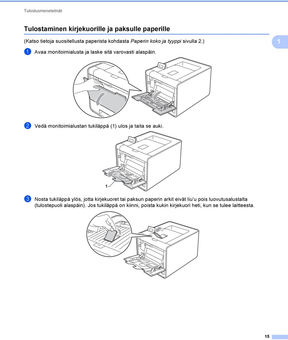 b Vedä monitoimialustan tukiläppä () ulos ja taita se auki.