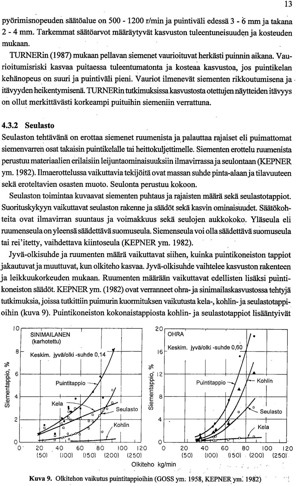 Vaurioitumisriski kasvaa puitaessa tuleentumatonta ja kosteaa kasvustoa, jos puintikelan kehänopeus on suuri ja puintiväli pieni.