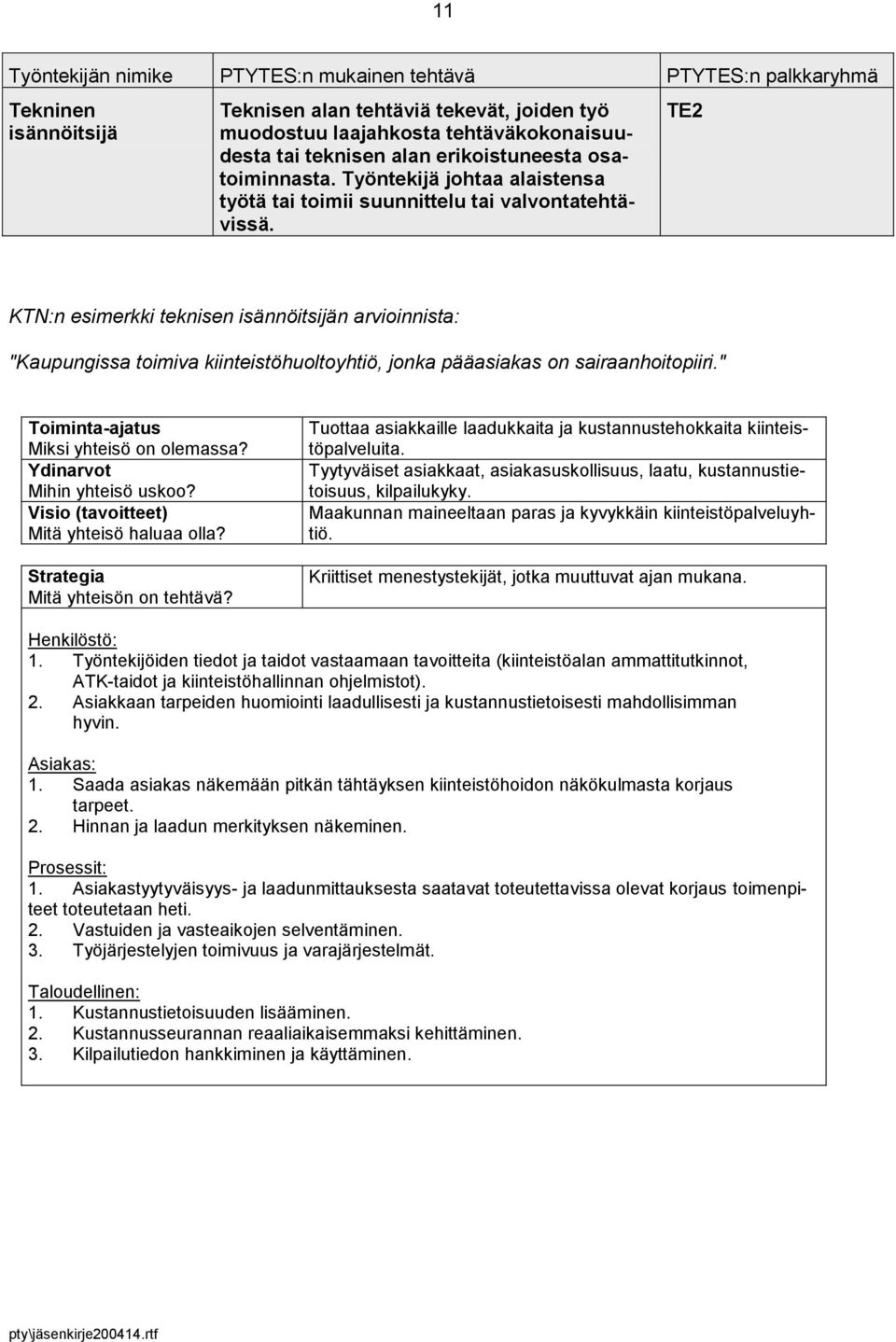 TE2 KTN:n esimerkki teknisen isännöitsijän arvioinnista: "Kaupungissa toimiva kiinteistöhuoltoyhtiö, jonka pääasiakas on sairaanhoitopiiri." Toiminta-ajatus Miksi yhteisö on olemassa?