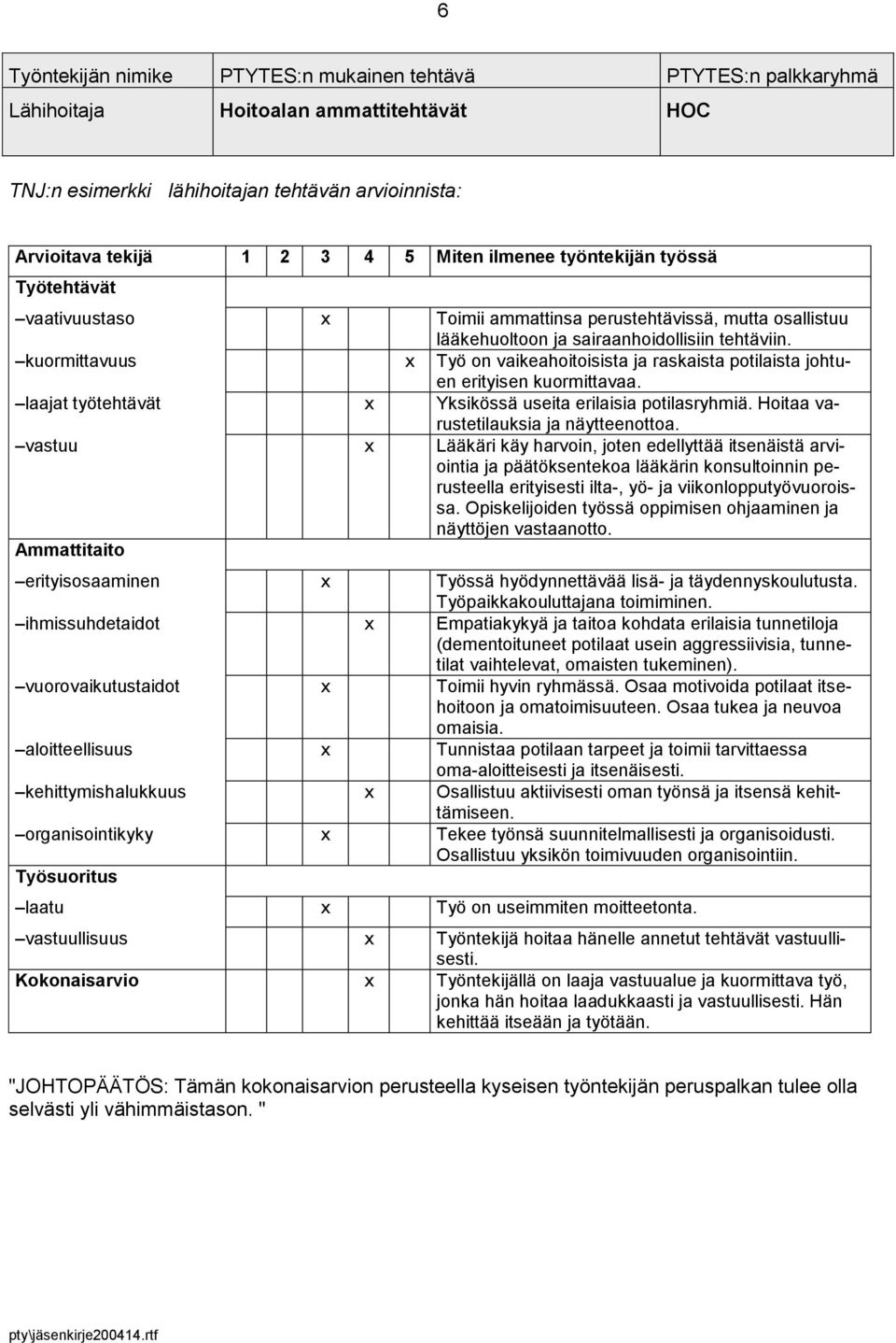 laajat työtehtävät x Yksikössä useita erilaisia potilasryhmiä. Hoitaa varustetilauksia ja näytteenottoa.