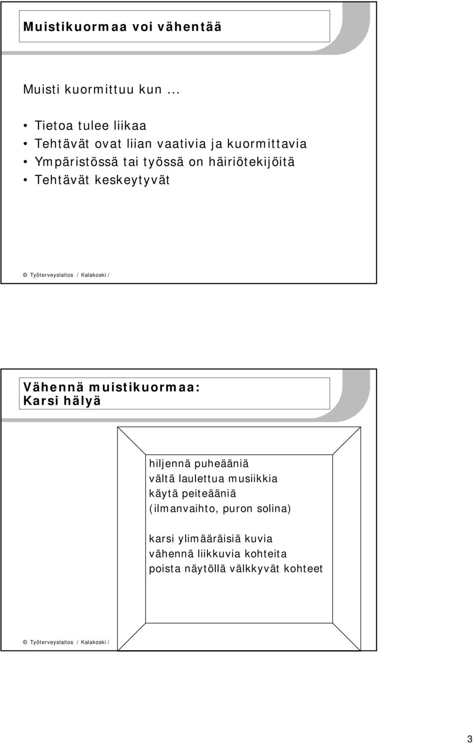 häiriötekijöitä Tehtävät keskeytyvät Vähennä muistikuormaa: Karsi hälyä hiljennä puheääniä vältä