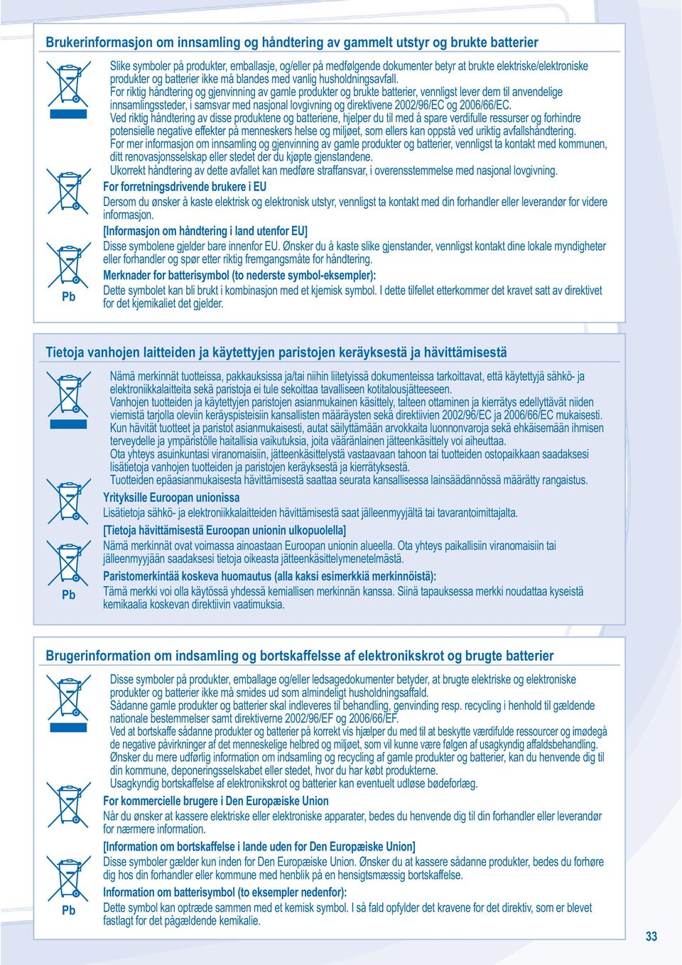 For riktig håndtering og gjenvinning av gamle produkter og brukte batterier, vennligst lever dem til anvendelige innsamlingssteder, i samsvar med nasjonal lovgivning og direktivene 00/96/EC og