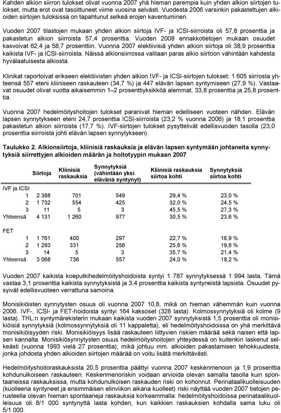 Vuoden 2007 tilastojen mukaan yhden alkion siirtoja IVF- ja ICSI-siirroista oli 57,8 prosenttia ja pakastetun alkion siirroista 57,4 prosenttia.