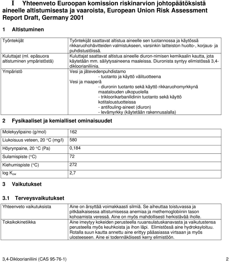 72 Kiehumispiste ( C) 272 log K ow 2,7 3 Vaikutukset Työntekijät saattavat altistua aineelle sen tuotannossa ja käytössä rikkaruohohävitteiden valmistukseen, varsinkin laitteiston huolto-, korjaus-