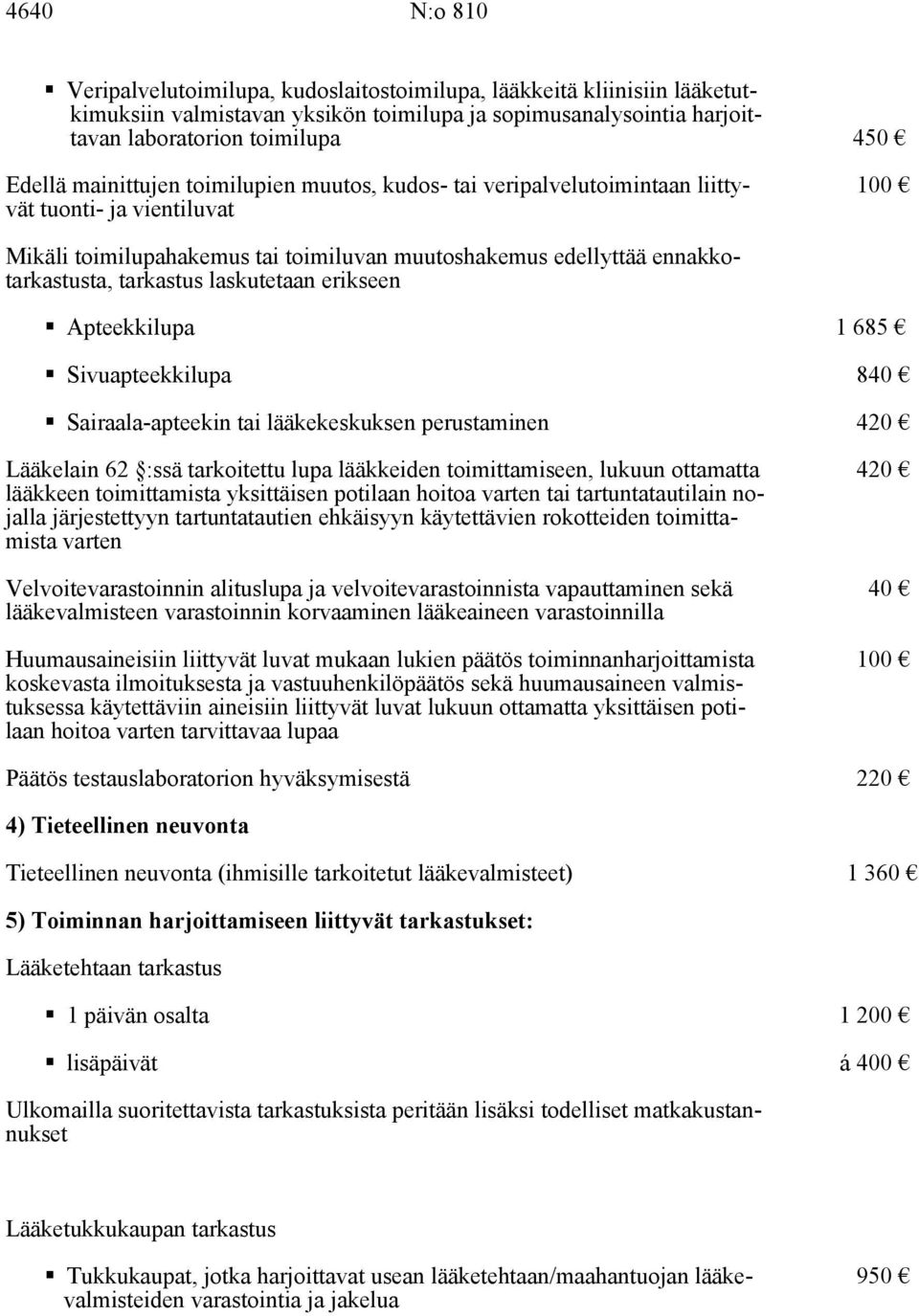 laskutetaan erikseen Apteekkilupa Sivuapteekkilupa Sairaala-apteekin tai lääkekeskuksen perustaminen Lääkelain 62 :ssä tarkoitettu lupa lääkkeiden toimittamiseen, lukuun ottamatta lääkkeen