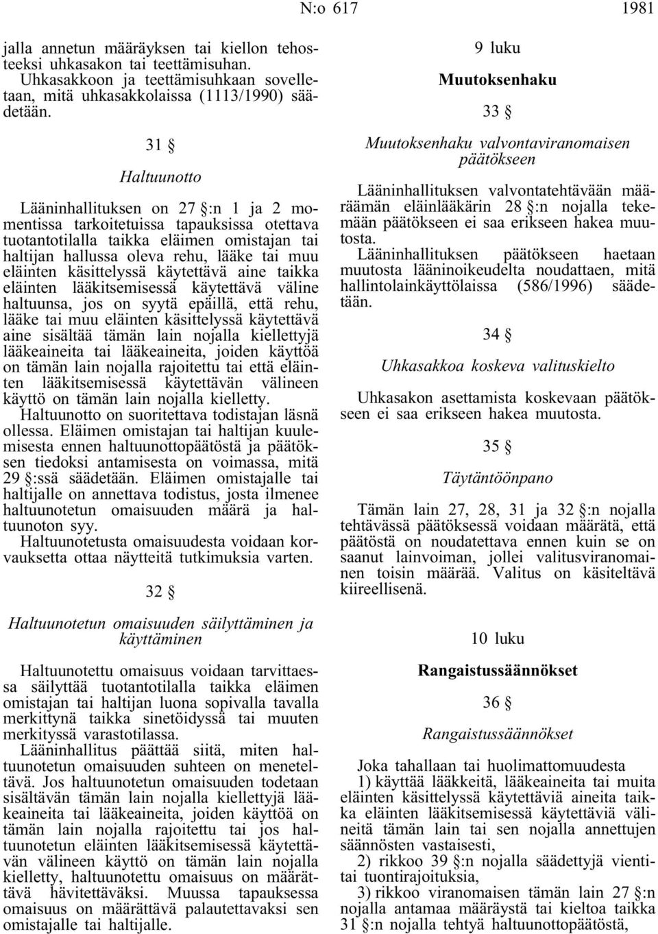 käsittelyssä käytettävä aine taikka eläinten lääkitsemisessä käytettävä väline haltuunsa, jos on syytä epäillä, että rehu, lääke tai muu eläinten käsittelyssä käytettävä aine sisältää tämän lain