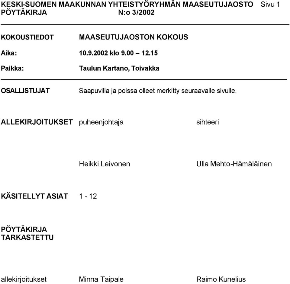 15 Paikka: Taulun Kartano, Toivakka OSALLISTUJAT Saapuvilla ja poissa olleet merkitty seuraavalle