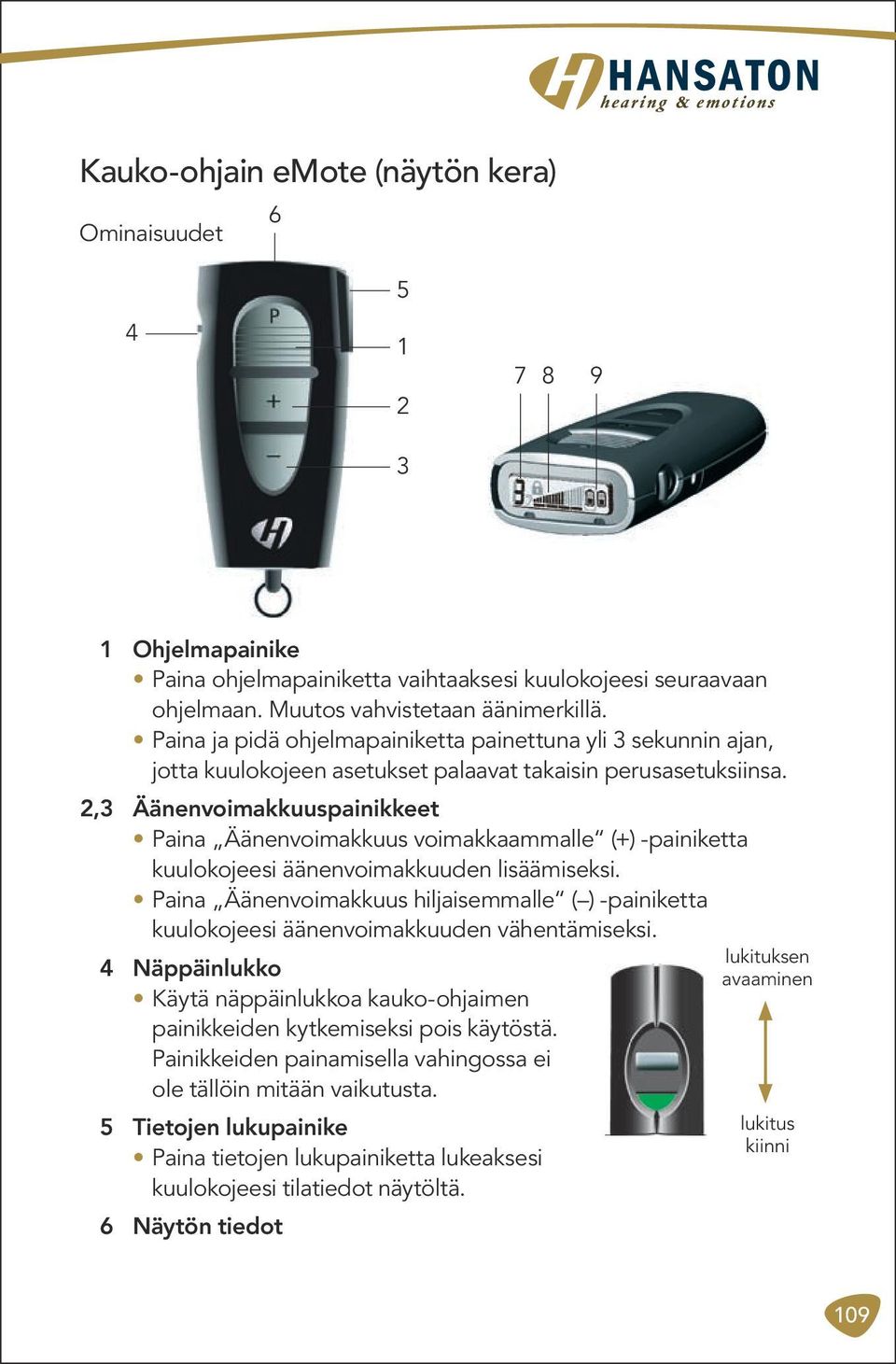 2,3 Äänenvoimakkuuspainikkeet Paina Äänenvoimakkuus voimakkaammalle (+) -painiketta kuulokojeesi äänenvoimakkuuden lisäämiseksi.