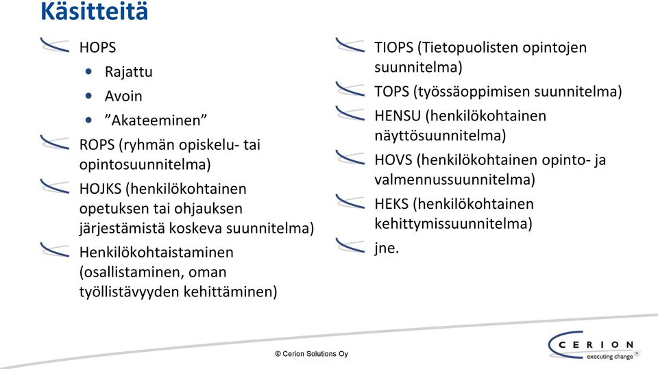 kehittäminen) TIOPS (Tietopuolisten opintojen suunnitelma) TOPS (työssäoppimisen suunnitelma) HENSU (henkilökohtainen