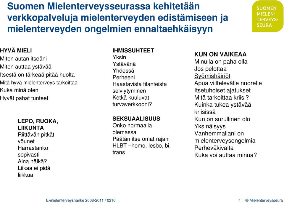 Liikaa ei pidä liikkua IHMISSUHTEET Yksin Ystävänä Yhdessä Perheeni Haastavista tilanteista selviytyminen Ketkä kuuluvat turvaverkkooni?