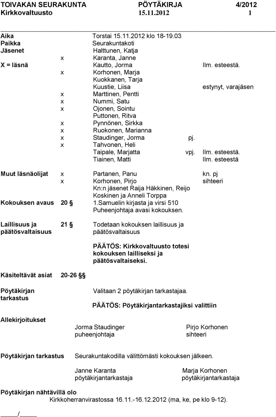 Tahvonen, Heli Taipale, Marjatta Tiainen, Matti vpj. Ilm. esteestä. Ilm. esteestä Muut läsnäolijat Partanen, Panu kn.