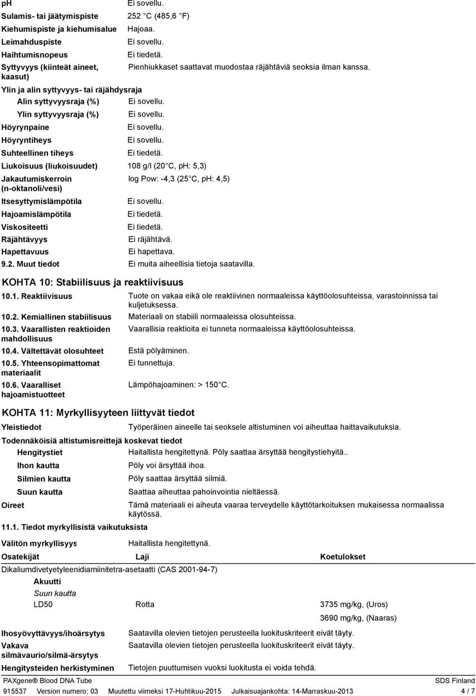Ylin ja alin syttyvyys- tai räjähdysraja Alin syttyvyysraja (%) Ylin syttyvyysraja (%) Höyrynpaine Höyryntiheys Suhteellinen tiheys Liukoisuus (liukoisuudet) 108 g/l (20 C, ph: 5,3) Jakautumiskerroin