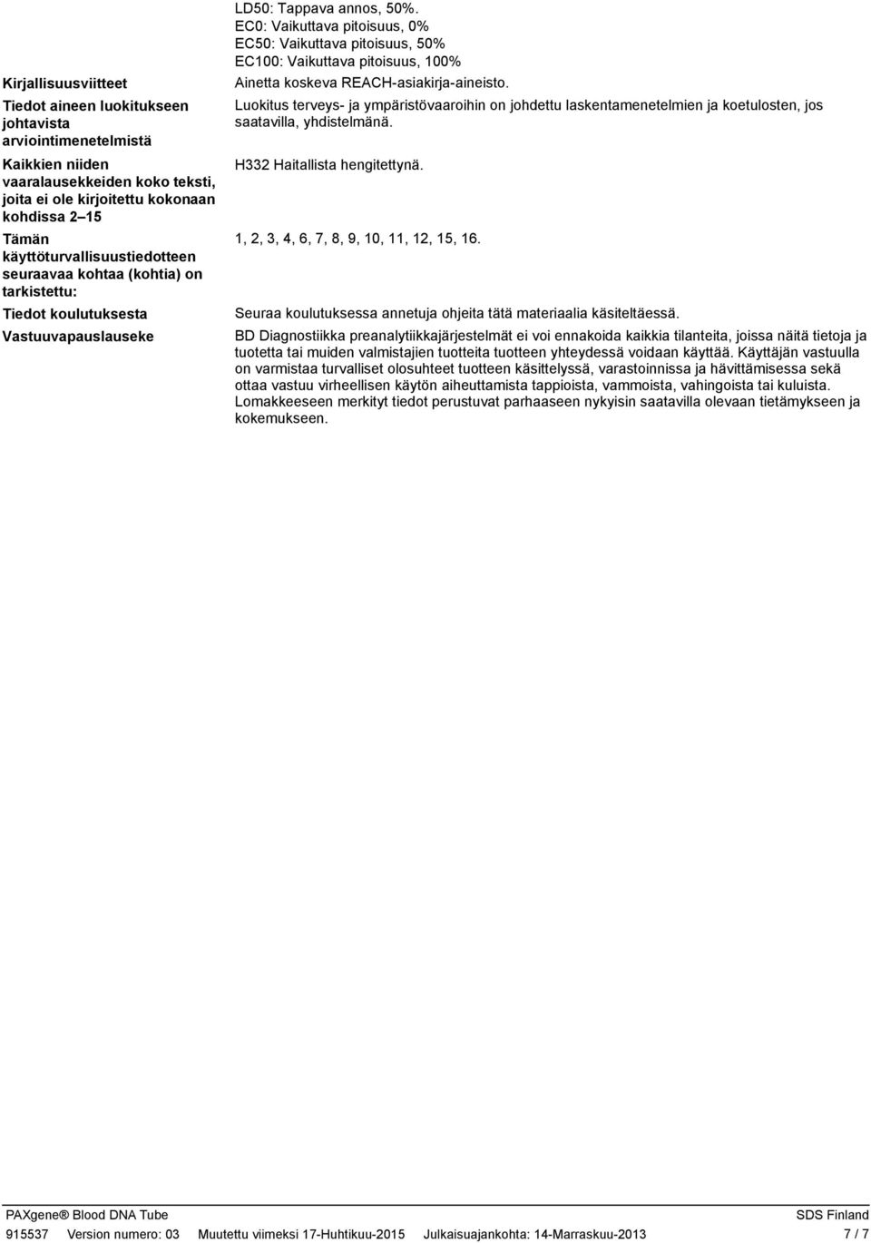 EC0: Vaikuttava pitoisuus, 0% EC50: Vaikuttava pitoisuus, 50% EC100: Vaikuttava pitoisuus, 100% Ainetta koskeva REACH-asiakirja-aineisto.