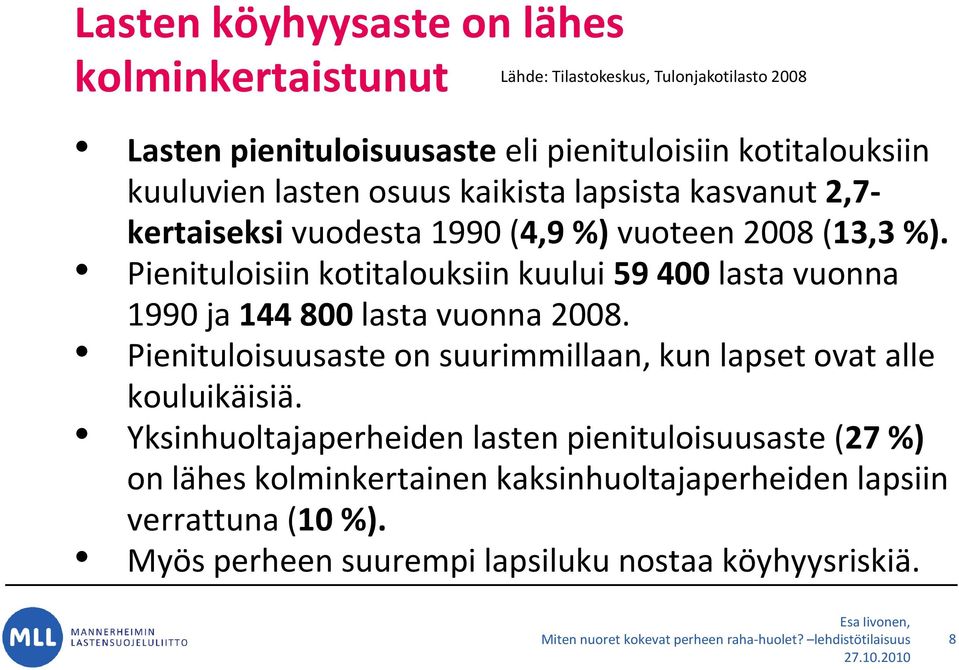 Pienituloisiin kotitalouksiin kuului 59400 lasta vuonna 1990 ja 144 800 lasta vuonna 2008.