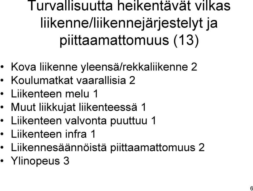 vaarallisia 2 Liikenteen melu 1 Muut liikkujat liikenteessä 1 Liikenteen