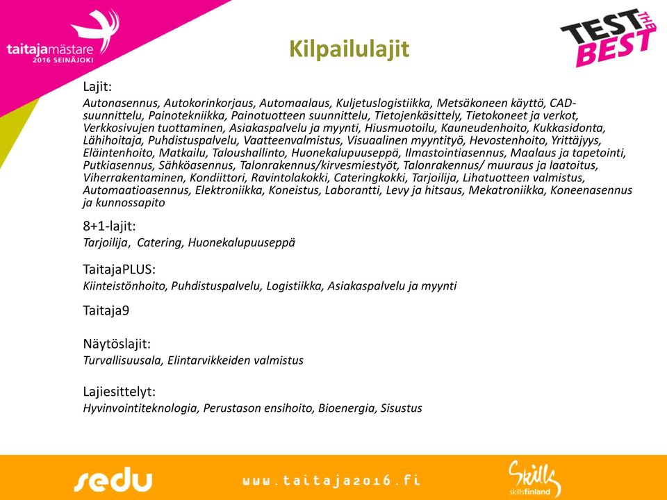 Yrittäjyys, Eläintenhoito, Matkailu, Taloushallinto, Huonekalupuuseppä, Ilmastointiasennus, Maalaus ja tapetointi, Putkiasennus, Sähköasennus, Talonrakennus/kirvesmiestyöt, Talonrakennus/ muuraus ja