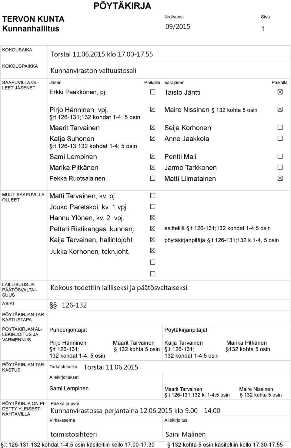 :t 126-131;132 kohdat 1-4; 5 osin Maarit Tarvainen Katja Suhonen :t 126-13;132 kohdat 1-4; 5 osin Sami Lempinen Marika Pitkänen Pekka Ruotsalainen Maire Nissinen 132 kohta 5 osin Seija Korhonen Anne