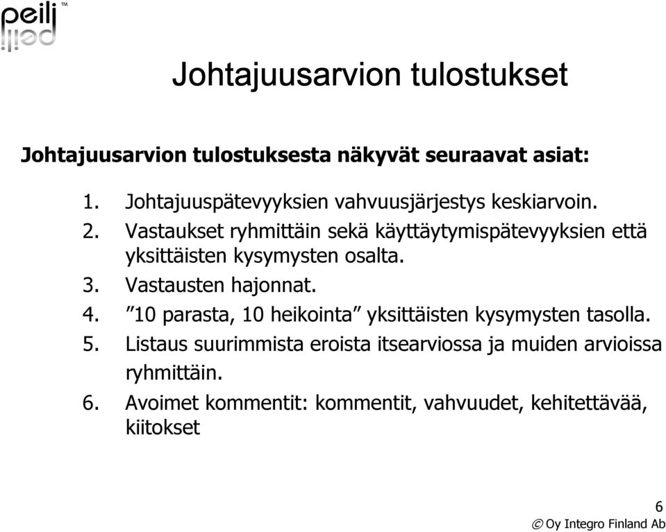 Vastaukset ryhmittäin sekä käyttäytymispätevyyksien että yksittäisten kysymysten osalta. 3. Vastausten hajonnat. 4.
