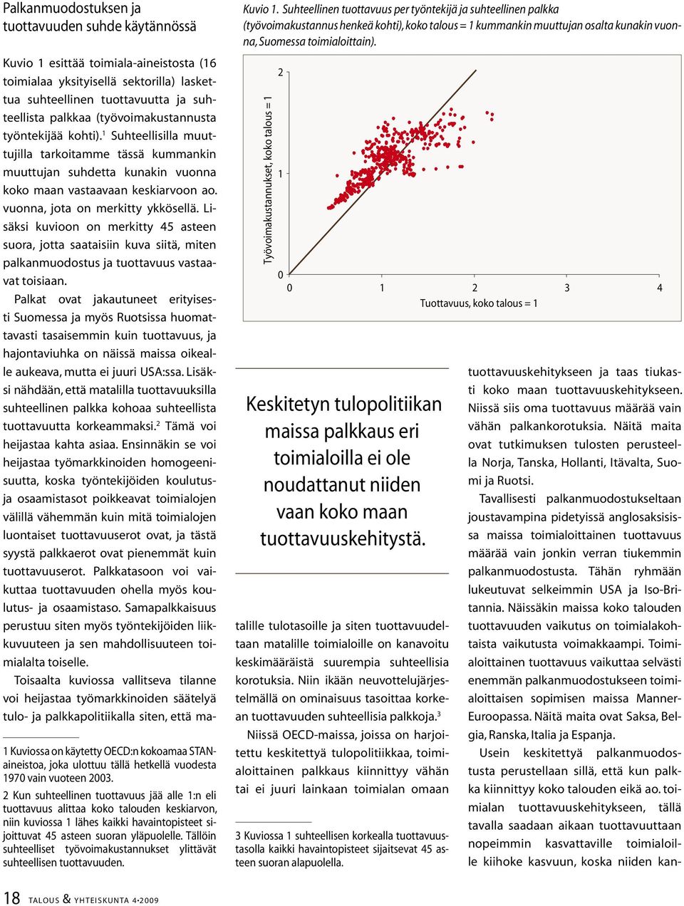 vuonna, jota on merkitty ykkösellä. Lisäksi kuvioon on merkitty 45 asteen suora, jotta saataisiin kuva siitä, miten palkanmuodostus ja tuottavuus vastaavat toisiaan.