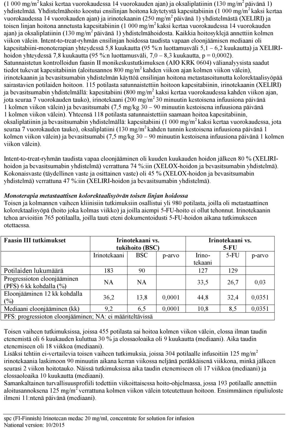 toisen linjan hoitona annetusta kapesitabiinin (1 000 mg/m 2 kaksi kertaa vuorokaudessa 14 vuorokauden ajan) ja oksaliplatiinin (130 mg/m 2 päivänä 1) yhdistelmähoidosta.