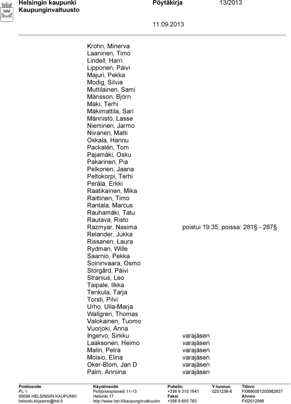 Rauhamäki, Tatu Rautava, Risto Razmyar, Nasima poistui 19:35, poissa: 281-287 Relander, Jukka Rissanen, Laura Rydman, Wille Saarnio, Pekka Soininvaara, Osmo Storgård, Päivi Stranius, Leo Taipale,