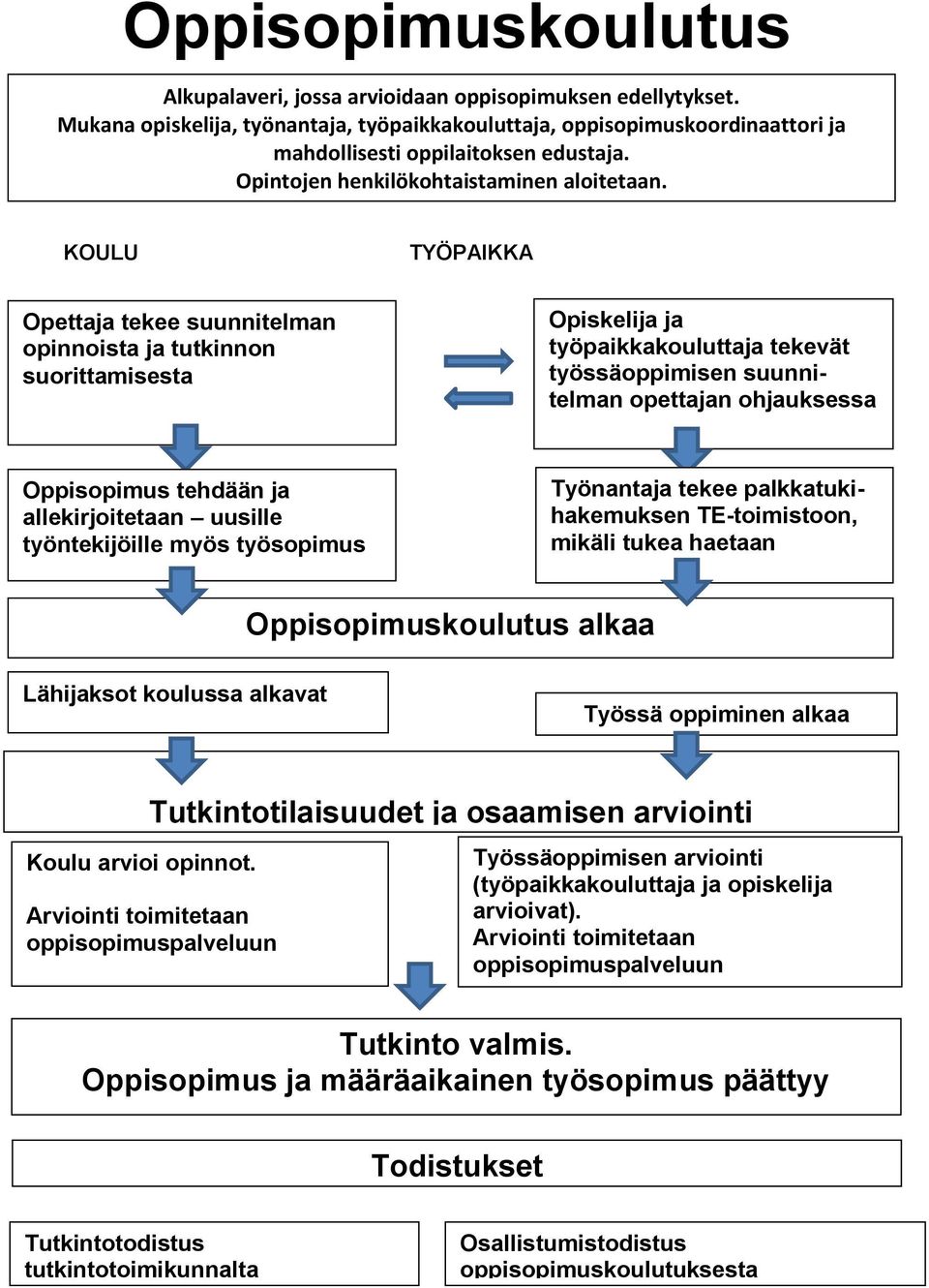 KOULU TYÖPAIKKA Opettaja tekee suunnitelman opinnoista ja tutkinnon suorittamisesta Opiskelija ja työpaikkakouluttaja tekevät työssäoppimisen suunnitelman opettajan ohjauksessa Oppisopimus tehdään ja