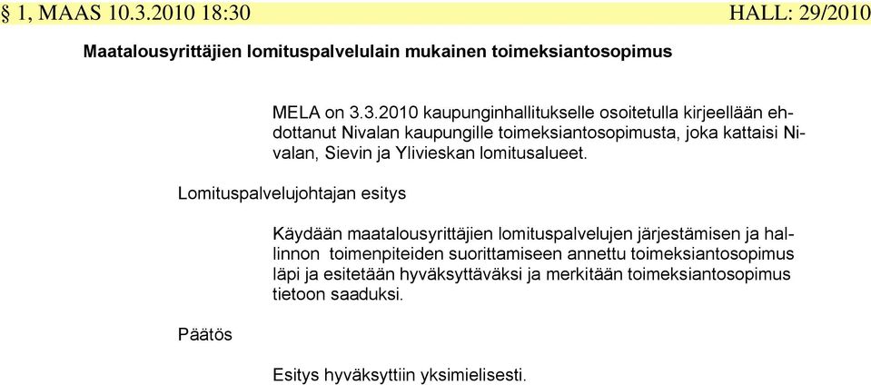 HALL: 29/2010 Maatalousyrittäjien lomituspalvelulain mukainen toimeksiantosopimus MELA on 3.