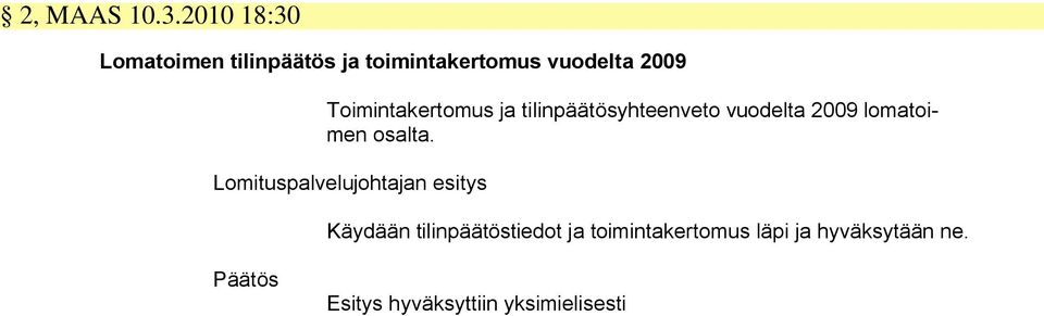 Toimintakertomus ja tilinpäätösyhteenveto vuodelta 2009 lomatoimen osalta.
