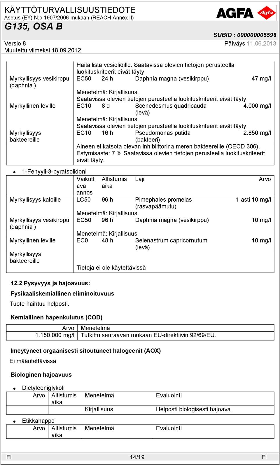 850 mg/l bakteereille (bakteeri) Aineen ei katsota olevan inhibiittorina meren bakteereille (OECD 306). Estymisaste: 7 % Saatavissa olevien tietojen perusteella luokituskriteerit eivät täyty.