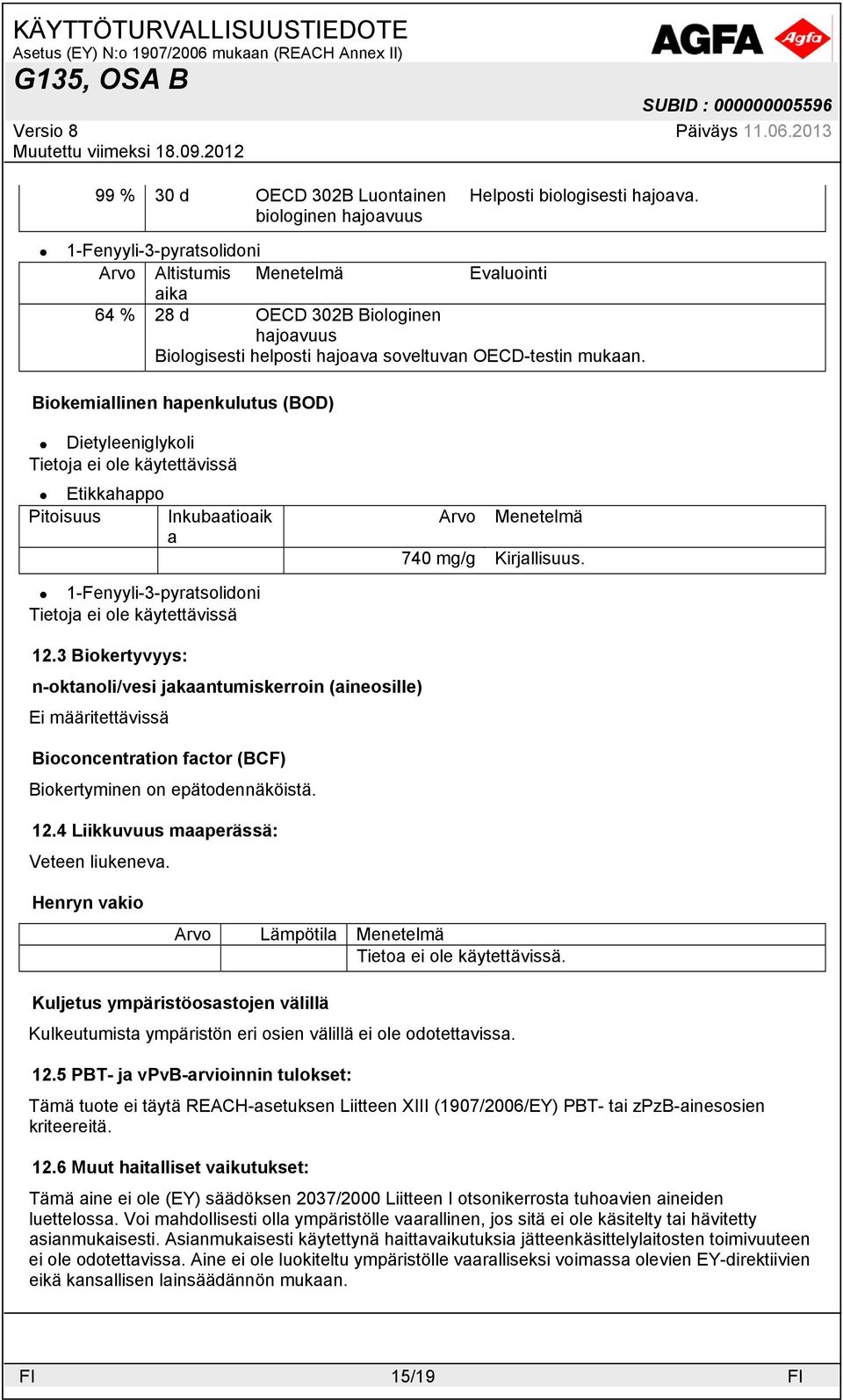 Biokemiallinen hapenkulutus (BOD) Pitoisuus Inkubaatioaik a Arvo Menetelmä 740 mg/g Kirjallisuus. 12.