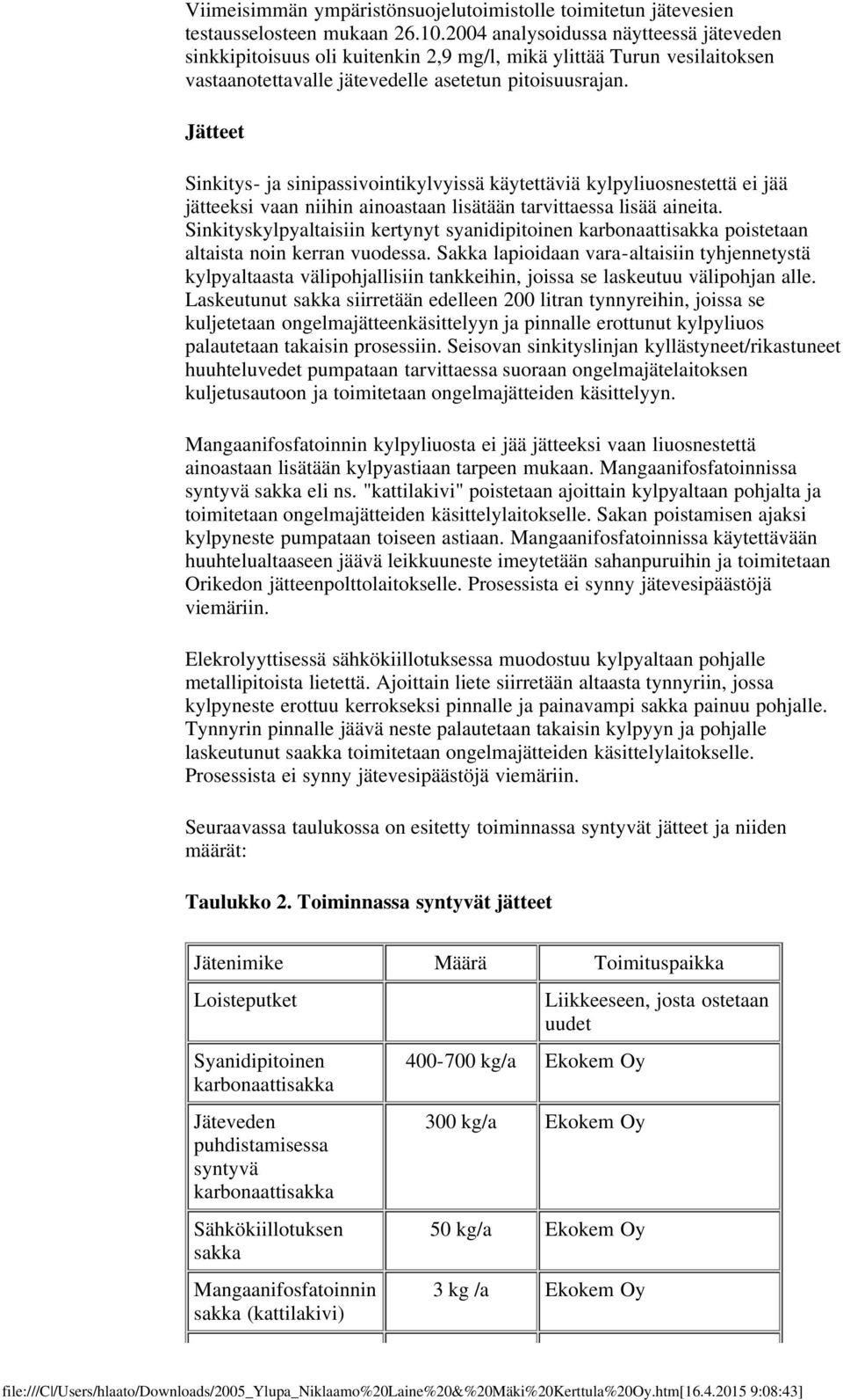 Jätteet Sinkitys- ja sinipassivointikylvyissä käytettäviä kylpyliuosnestettä ei jää jätteeksi vaan niihin ainoastaan lisätään tarvittaessa lisää aineita.