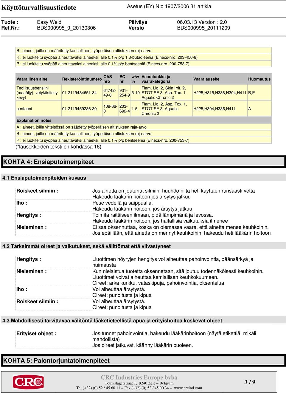 200-753-7) Vaarallinen aine Teollisuusbensiini (maaöljy), vetykäsitelty kevyt 01-2119484651-34 pentaani 01-2119459286-30 Explanation notes ECnr 64742-49-0 Flam. Liq. 2, Skin Irrit.