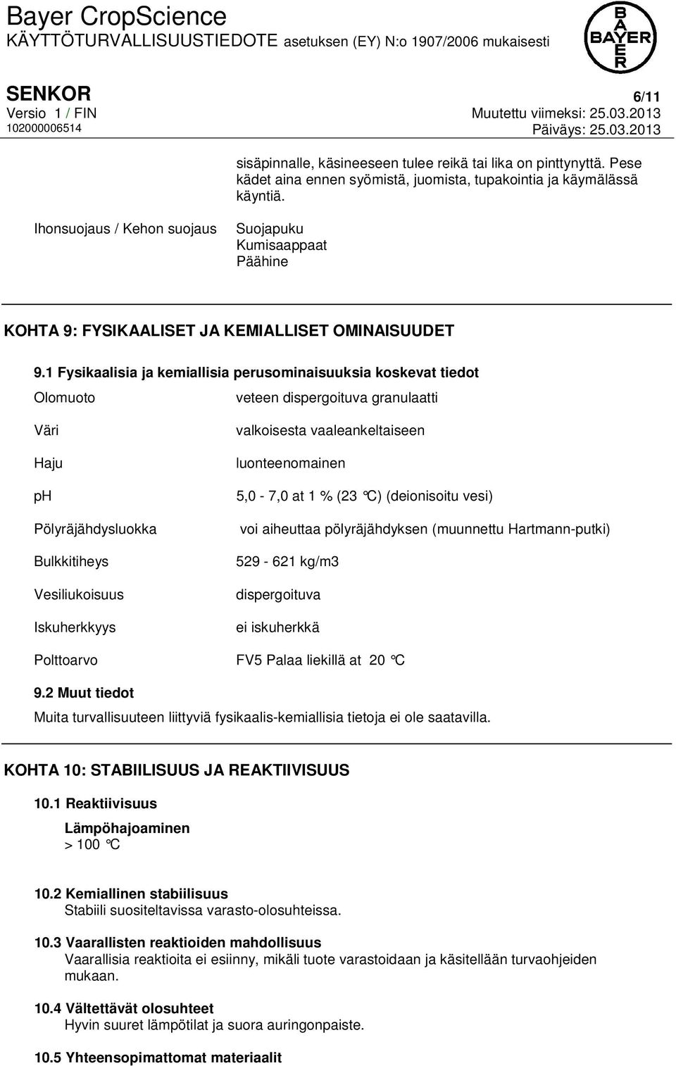1 Fysikaalisia ja kemiallisia perusominaisuuksia koskevat tiedot Olomuoto veteen dispergoituva granulaatti Väri Haju ph Pölyräjähdysluokka Bulkkitiheys Vesiliukoisuus Iskuherkkyys valkoisesta