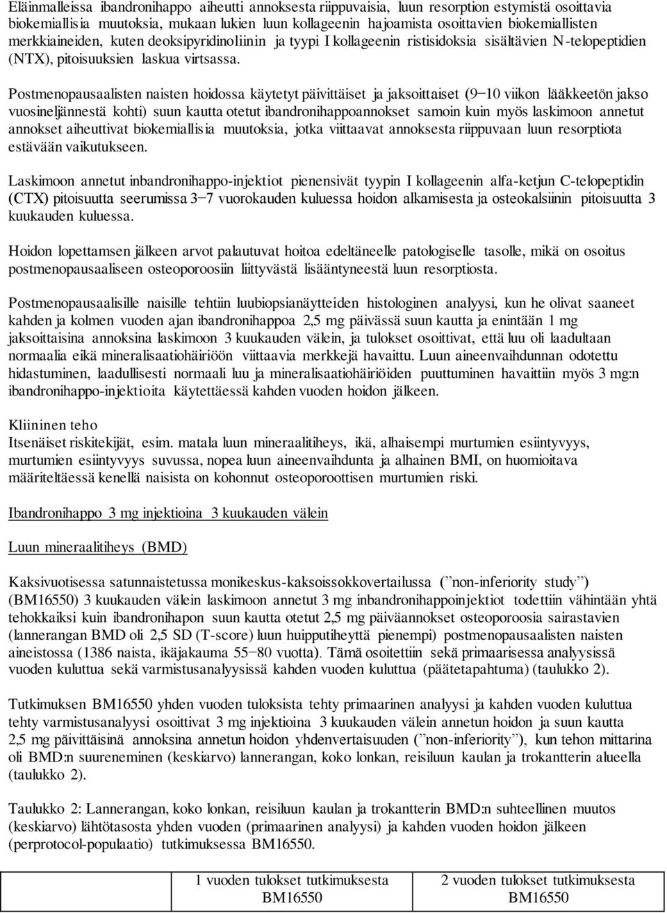 Postmenopausaalisten naisten hoidossa käytetyt päivittäiset ja jaksoittaiset (9 10 viikon lääkkeetön jakso vuosineljännestä kohti) suun kautta otetut ibandronihappoannokset samoin kuin myös laskimoon