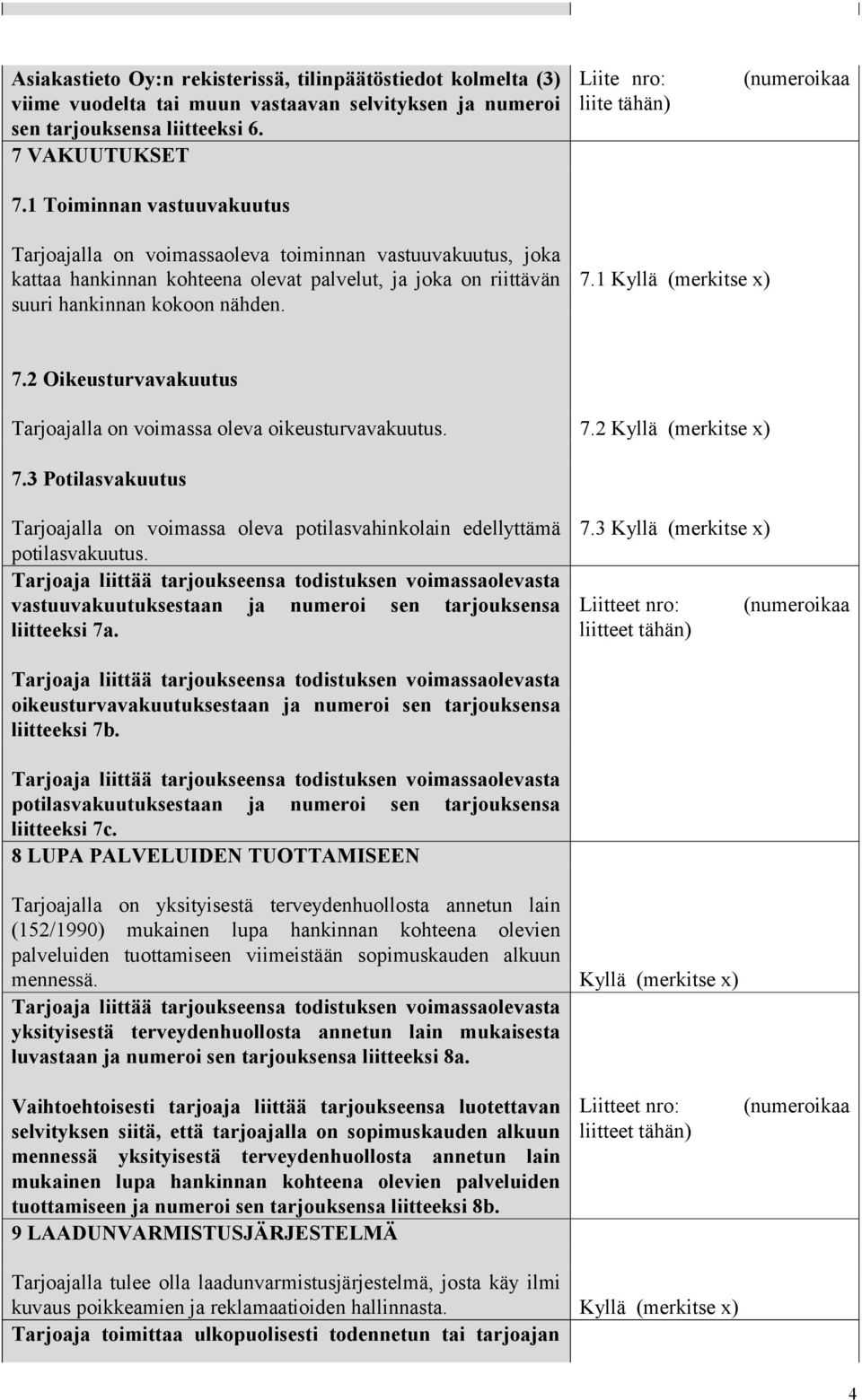 nähden. 7.1 7.2 Oikeusturvavakuutus Tarjoajalla on voimassa oleva oikeusturvavakuutus. 7.2 7.3 Potilasvakuutus Tarjoajalla on voimassa oleva potilasvahinkolain edellyttämä potilasvakuutus.