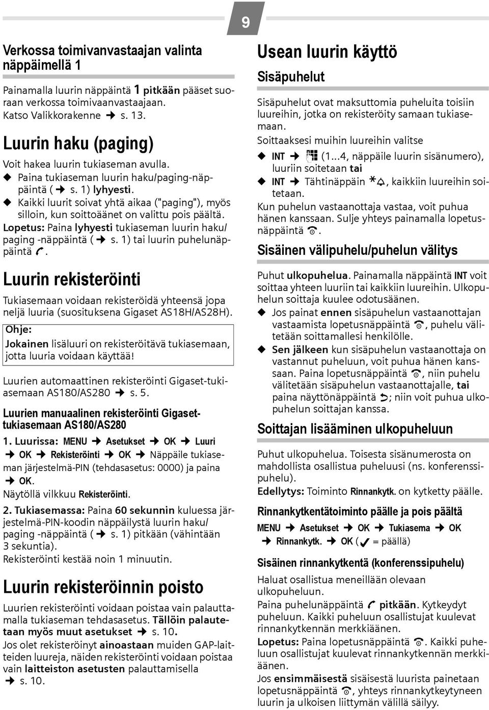 Kaikki luurit soivat yhtä aikaa ("paging"), myös silloin, kun soittoäänet on valittu pois päältä. Lopetus: Paina lyhyesti tukiaseman luurin haku/ paging -näppäintä ( s.