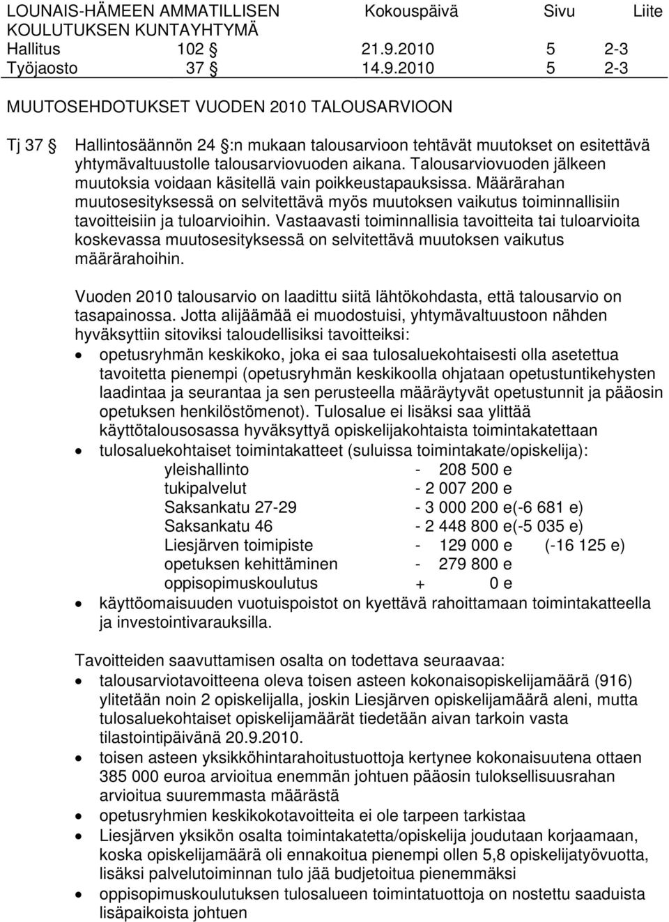 Talousarviovuoden jälkeen muutoksia voidaan käsitellä vain poikkeustapauksissa. Määrärahan muutosesityksessä on selvitettävä myös muutoksen vaikutus toiminnallisiin tavoitteisiin ja tuloarvioihin.